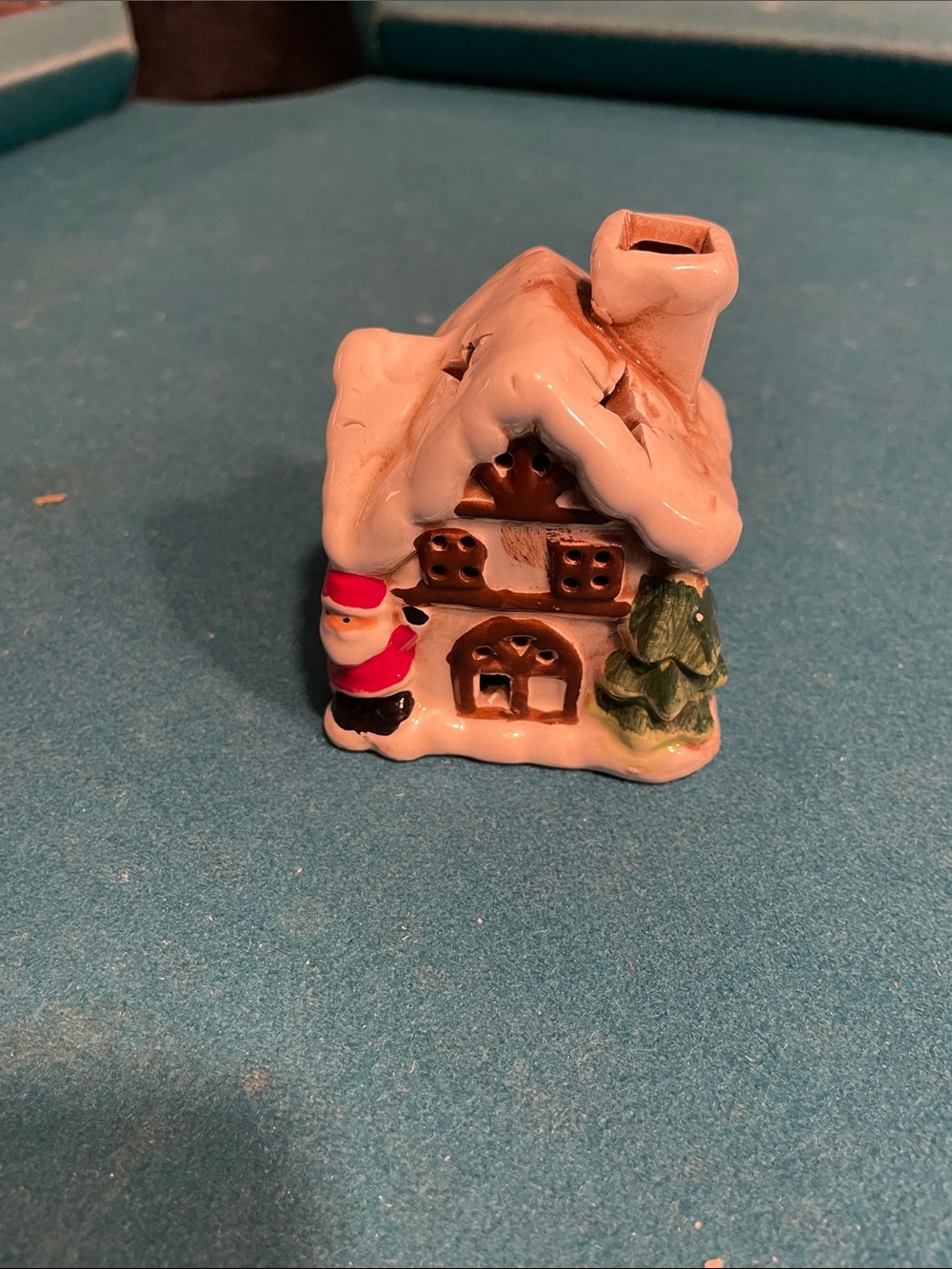 Miniature Snowy Ceramic Cottage Figurine with Santa